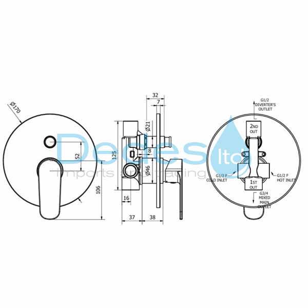 ΦΩΤΟΓΡΑΦΙΑ 2 ΜΠΑΤΑΡΙΑ ΝΤΟΥΖ ΕΝΤΟΙΧΙΣΜΟΥ ΜΙΞΕΩΣ RODI Φ35 ΧΡΩΜΕ ΙΤΑΛ. 2 ΕΞΟΔΩΝ 1/2" Θ, ΔΙΑΝΕΜΗΤΗ & ΣΤΡΟΓΓΥΛΗ ΡΟΖΕΤΑ