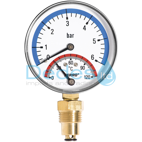 ΘΕΡΜΟΜΑΝΟΜΕΤΡΟ ΚΑΘΕΤΟ Φ80 0-6 bar 0-120°C 1/4" (ΚΑΤΩ ΣΠΕΙΡ.) ΜΕ ΒΑΛΒΙΔΑ ΑΝΤΙΚ/ΣΤΑΣΗΣ 1/2" ΑΡΣ. FERRO