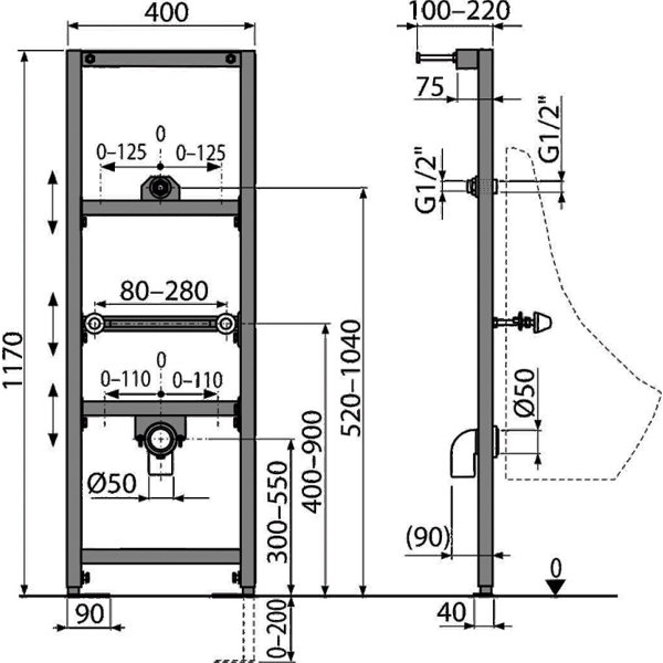 ΦΩΤΟΓΡΑΦΙΑ 2 ΒΑΣΗ ΜΕΤΑΛΛΙΚΗ A107/1200 ALCAPLAST 400x1170 ΓΙΑ ΟΥΡΗΤΗΡΙΟ ΕΝΤΟΙΧΙΣΜΟΥ ΜΕ ΠΑΡΟΧΗ ΝΕΡΟΥ & ΕΞΟΔΟ