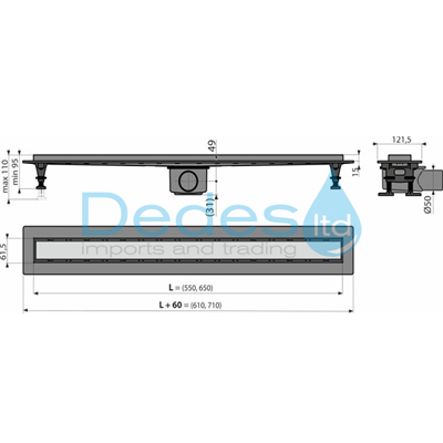 ΦΩΤΟΓΡΑΦΙΑ 4 ΣΙΦΩΝ ΝΤΟΥΣ ΕΥΘΥΓΡAMΟ Φ50 APZ2012-OPTION9-550 ALCAPLAST OPTIMAL L=610mm G=62mm H1=81mm H2=95-110mm
